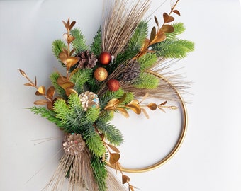 Gold hoop wreath. Faux flowers. Green gold Christmas decoration, Home decor for front door + wall. Metallic gold, bronze, pewter decor.
