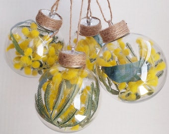 Set of 4 Australian Christmas Bauble - Native yellow wattle. Artificial Flowers. Australian Christmas Decoration + Gift. Native faux flowers