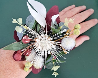 Australian native flower wrist Corsage. Faux artificial gum blossom, gumnuts, eucalyptus. High School Formal, Prom, Wedding, Mothers Corsage