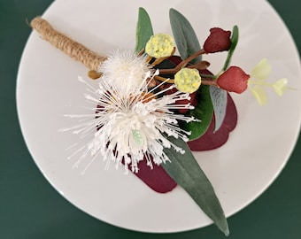 Gum blossom, eucalyptus, gumnut Australian Native flower buttonhole, boutonniere, lapel pin. Wedding flowers Groom, Groomsmen, Family