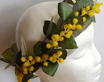 Silk flower crown. Eucalyptus leaves, yellow wattle flower, mimosa flower.  Wedding, flowergirl, party, baby shower, photoshoot