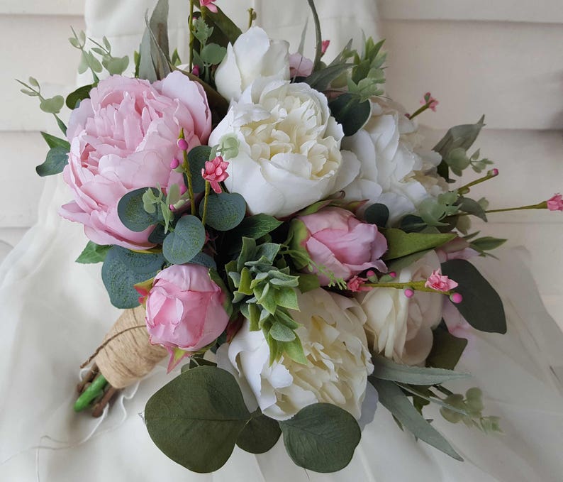 Pink White Cream Wedding Bouquet Bride Bridesmaid Bouquet Peonies Garden Roses Eucalyptus Foliage Romantic Soft Wedding Flowers