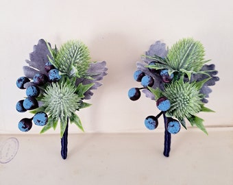 Artificial flower Buttonhole. Green thistle, blueberries, dusty miller. Groom groomsmen. Wedding Boutonniere lapel pin. Scottish thistle