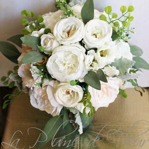 Garden wedding bouquet Roses, peonies, lissianthus, eucalyptus, dusty miller and fern Vintage inspired garden bouquet shabby chic & rustic image 4