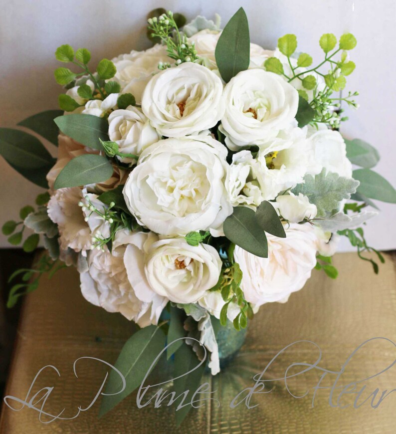 Garden wedding bouquet Roses, peonies, lissianthus, eucalyptus, dusty miller and fern Vintage inspired garden bouquet shabby chic & rustic image 4