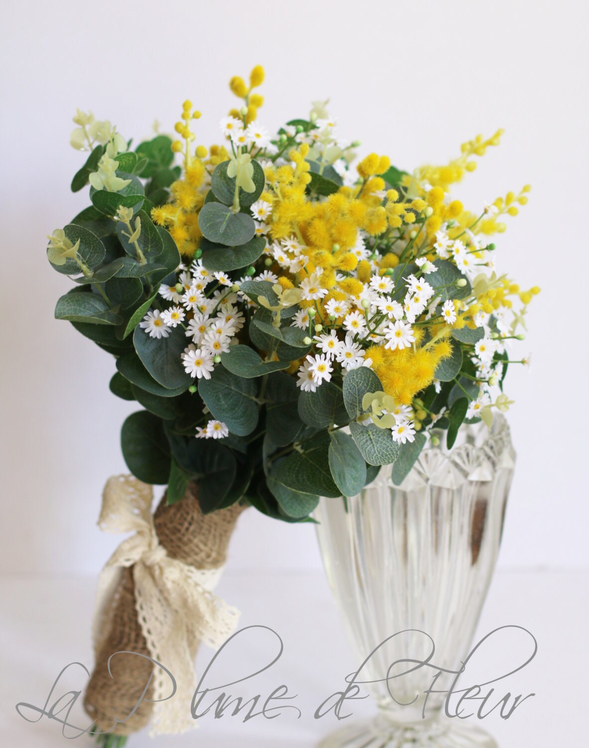 Yellow wedding bouquet. Artificial wattle mimosa flower. Etsy