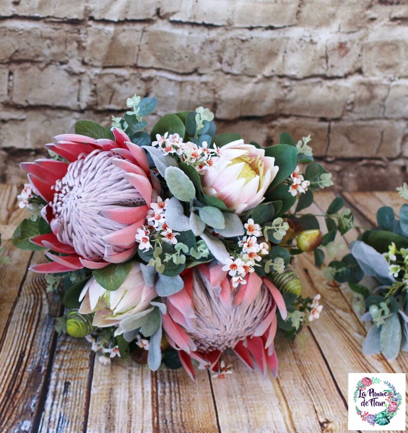 Rustic Bridal Bouquet Bridesmaid Bouquet King Protea Garden Roses Wax Flower Billy Buttons Blushing Bride Wax Flower Native Foliage