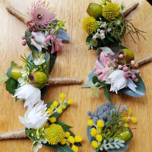 Set of 6 Native Buttonhole Boutonniere. 6 mismatched Australian native flower and foliage buttonholes Artificial flower, foliage boutonniere image 2