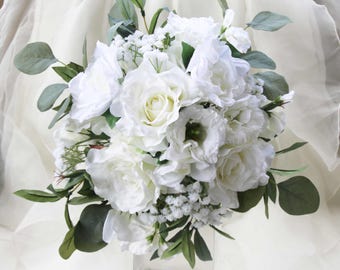 White wedding bouquet. Garden roses, lissianthus, gardenia, sweet peas, eucalyptus and olive foliage. Silk bouquet, bridal, wedding flowers