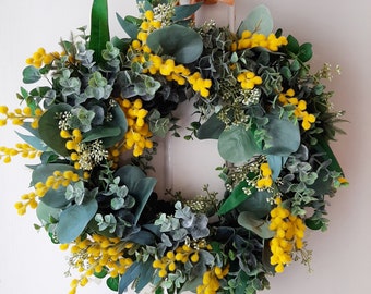 Australian faux flower wreath. Yellow wattle, eucalyptus. Door + wall decoration. Gift, home decor, baby nursery, Australia Day, Christmas