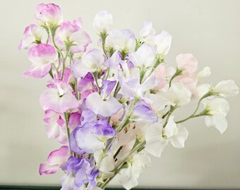 Artificial Sweet Pea stem. Soft Pink White Purple. Faux silk cottage garden flowers for home decor, wedding flowers , bouquets, craft