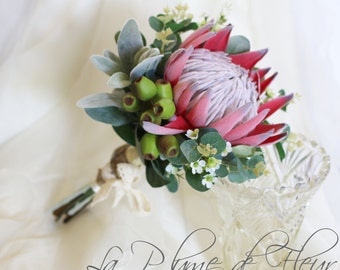 Amarina - Bride / Bridesmaid.  King protea, Geraldton wax, gumnuts and Australian native foliage.