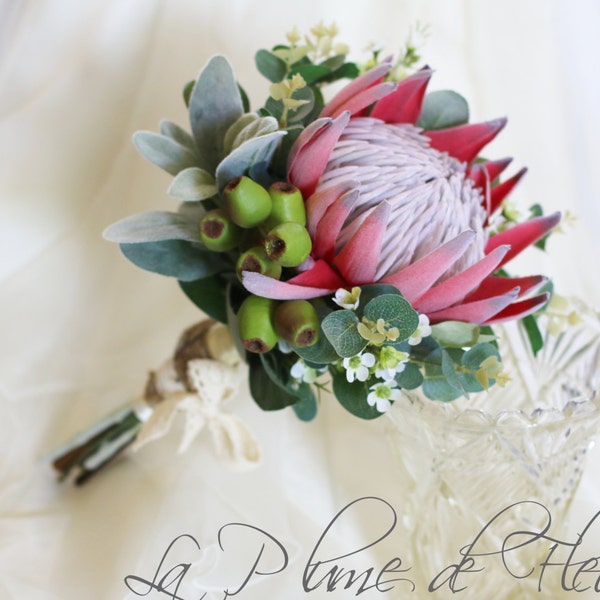 Bride, Bridesmaid Bouquet.  King protea, Geraldton wax, gumnuts and Australian native foliage. Faux flowers, artificial flower bouquet.