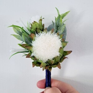 Scottish wedding buttonhole for Groom, Groomsmen. Boutonniere, lapel pin. White Thistle, wildflowers, rusus. Scotland white thistle flower image 3