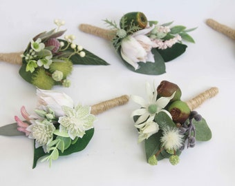 Set of 6 Native Buttonhole Boutonniere in pink white green. Mismatched Australian native flower and foliage buttonholes. Foliage boutonniere