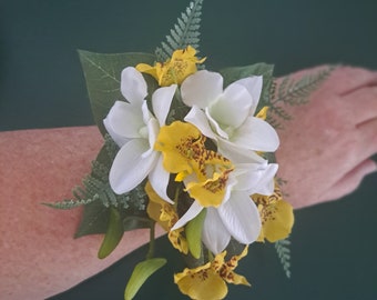 Yellow + White orchid wrist corsage. Faux flower wristlet. High school formal, school dance prom. Wedding, bridesmaid, mother of the bride