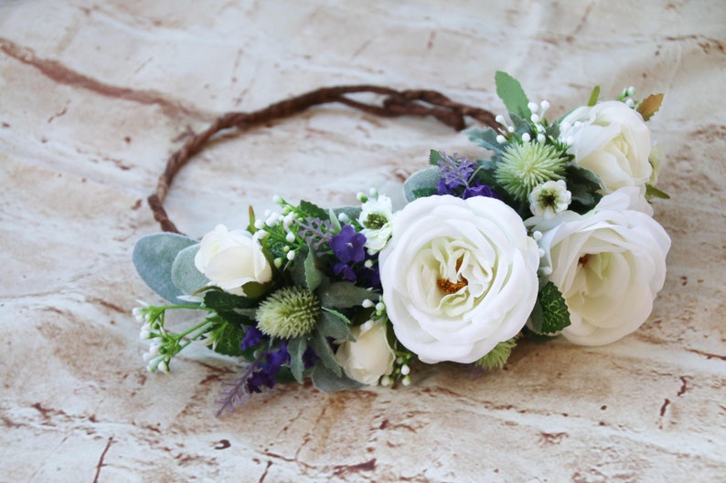 Scottish wedding flower crown. Silk flowers. White purple image 1