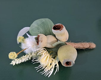 Faux Australian Native Buttonhole, Boutonniere for groom, groomsmen.  Gumnut, wattle, eucalyptus buttonhole. Father of the Bride. Lapel pin