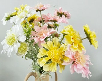 Artificial Scabiosa stem. Yellow Pink White. Faux silk cottage garden flowers for home decor, wedding flowers, bouquets, craft