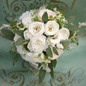 Garden wedding bouquet Roses, peonies, lissianthus, eucalyptus, dusty miller and fern Vintage inspired garden bouquet shabby chic & rustic image 3