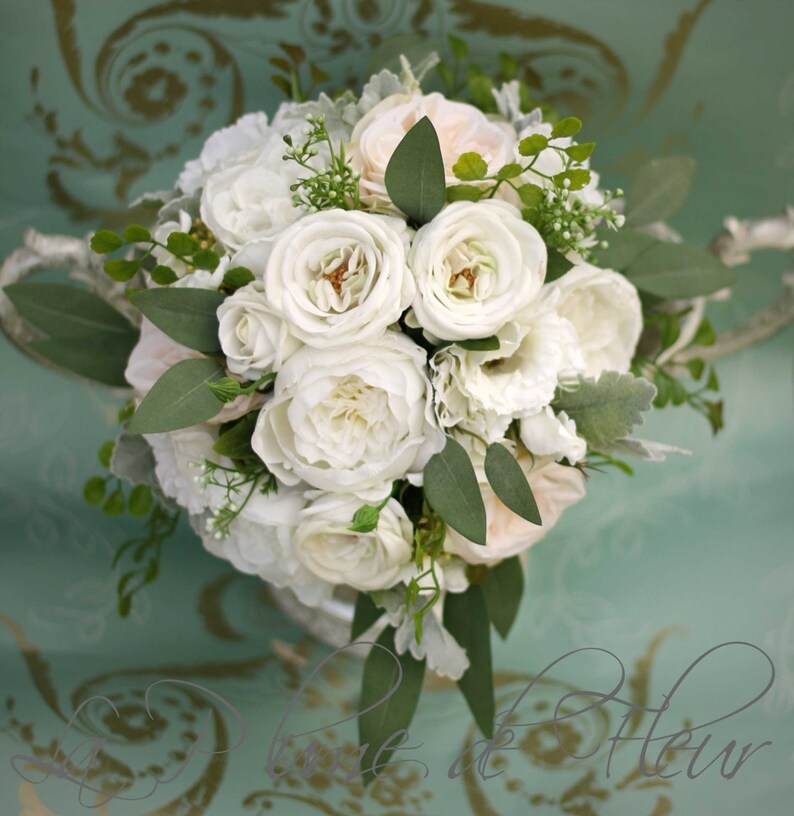Garden wedding bouquet Roses, peonies, lissianthus, eucalyptus, dusty miller and fern Vintage inspired garden bouquet shabby chic & rustic image 3