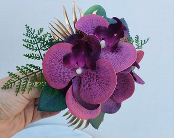 Burgundy Plum wrist corsage, wristlet, phalaenopsis orchids. High school formal, prom. Wedding, mother of the bride, wrist flowers.