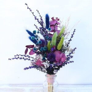 Mini milk bottle with dried flower posy. Blue, pink, green dried flowers. Gift, birthday present, home decoration