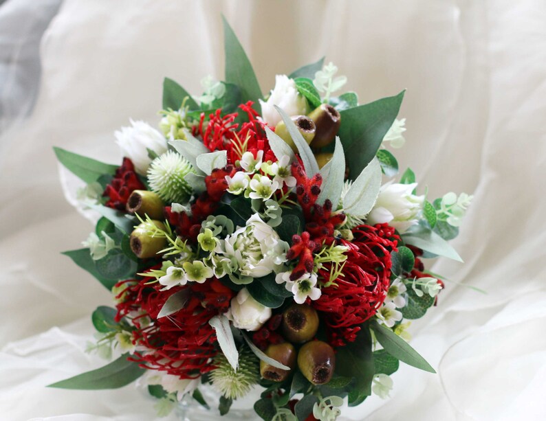 Red And White Australian Native Rustic Bouquet Wedding Etsy