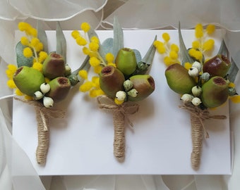 Buttonhole, Boutonniere.  Artificial flowers wattle, mimosa, gumnuts, eucalyptus leaves.  Groom, Groomsman, Father of the Bride Buttonhole