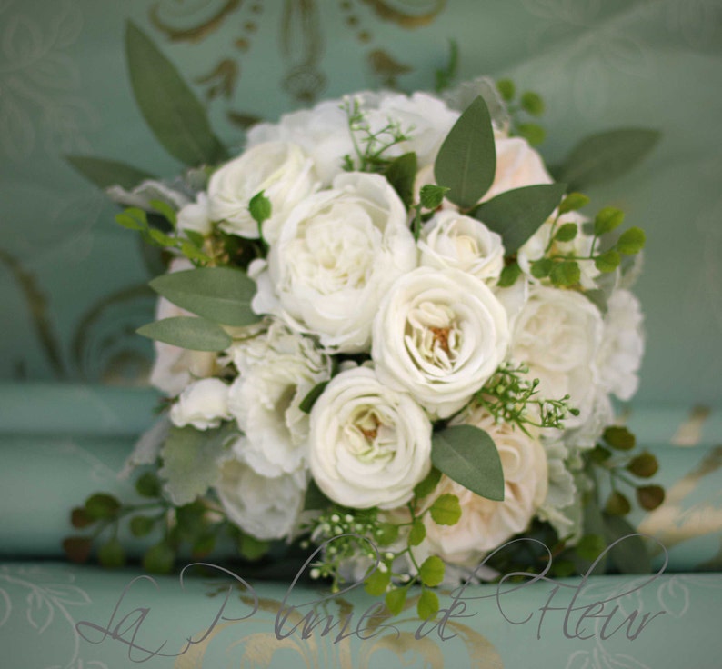 Garden wedding bouquet Roses, peonies, lissianthus, eucalyptus, dusty miller and fern Vintage inspired garden bouquet shabby chic & rustic image 1