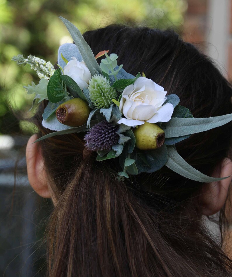 Silk flower hair comb. Roses, thistle flower, gumnuts, eucalyptus, wildflowers. Hair flowers for wedding, bridal, photoshoot, party, races imagem 3