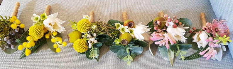 Set of 6 Native Buttonhole Boutonniere. 6 mismatched Australian native flower and foliage buttonholes Artificial flower, foliage boutonniere image 7