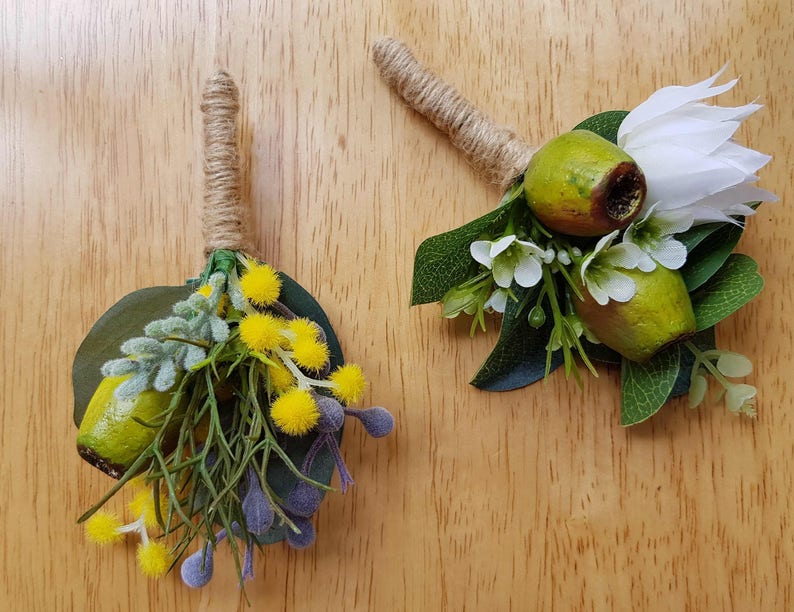 Set of 6 Native Buttonhole Boutonniere. 6 mismatched Australian native flower and foliage buttonholes Artificial flower, foliage boutonniere image 5