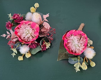 Protea ladies wrist corsage + buttonhole, boutonniere, groom, wedding party. Artificial native wedding flowers. Pink Protea.