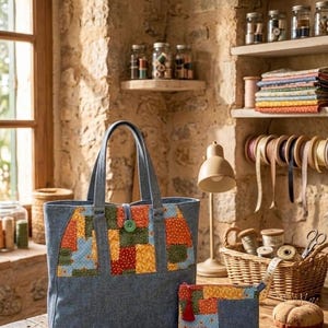 Può includere: Una borsa tote in denim blu e una pochette rettangolare con cerniera abbinata, entrambe caratterizzate da un pannello patchwork in tessuto a pois multicolore. La borsa ha due manici e un singolo bottone verde di chiusura.