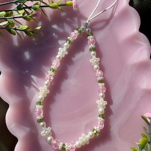 Floral Pearl Fairy Phone Strap | Pink Green Beaded Camera Wristlet | By Marikka Makes