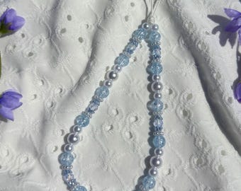 Sparkling Blue Pearl Phone Strap | Baby Blue Crystal Beaded Camera Wristlet | By Marikka Makes