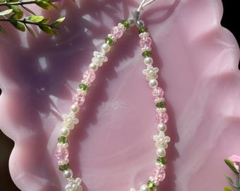 Floral Pearl Fairy Phone Strap | Pink Green Beaded Camera Wristlet | By Marikka Makes