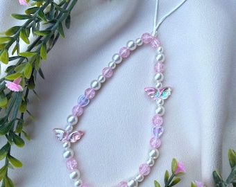 Pink Pearl Angel Wing Phone Strap | Digital Camera Wristlet | Phone Accessory by Marikka Makes