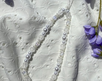 Elegant Pearl Phone Wristlet | White Crystal Beaded Camera Strap | By Marikka Makes