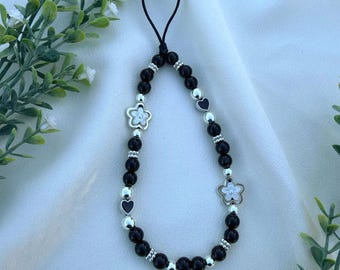 Black Silver Floral Phone Strap | Faux Pearl, Digital Camera Charm Accessory | By Marikka Makes