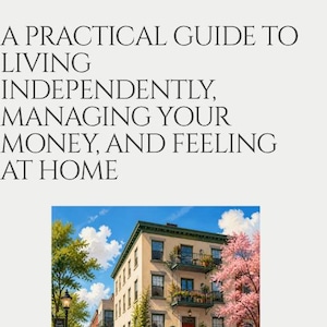 Può includere: Una copertina di libro intitolata SURVIVING YOUR FIRST APARTMENT: A PRACTICAL GUIDE TO LIVING INDEPENDENTLY, MANAGING YOUR MONEY, AND FEELING AT HOME, con l'illustrazione di un condominio con balconi, alberi e una persona che porta a spasso un cane.