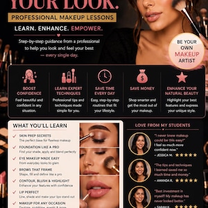 May include: A promotional flyer for professional makeup lessons titled Unleash Your Beauty, Master Your Look. It features a person applying makeup, lists learning modules like skin prep and contouring, and includes testimonials from students.