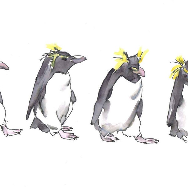 Penguin Walk, an original watercolor painting.