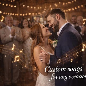 May include: A couple dances at a wedding reception, surrounded by guests and string lights. Musical notes float around them, with the text "Custom songs for any occasion" at the bottom.