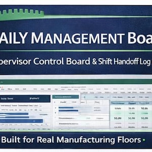 May include: A dark blue graphic with the words "DAILY MANAGEMENT Board" and "Supervisor Control Board & Shift Handoff Log (Excel)". The image also includes a screenshot of a spreadsheet and the text "Built for Real Manufacturing Floors."