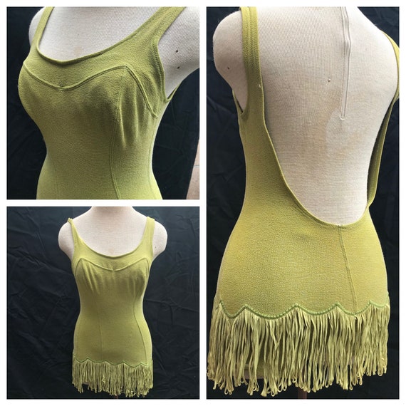 Rare 60s DeWeese Design Fringe Green swimsuit
