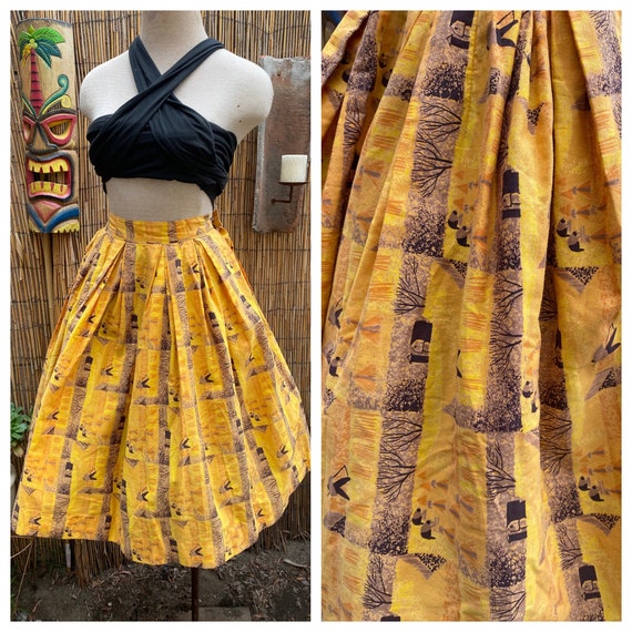 1950’s Bamboo Yellow Tiki Circle Novelty Skirt Ma… - image 1