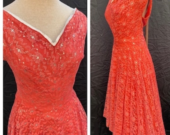 1950’s 50s Coral Red Silver Lurex Off the Shoulders Lace Full circle dress VLV pin up