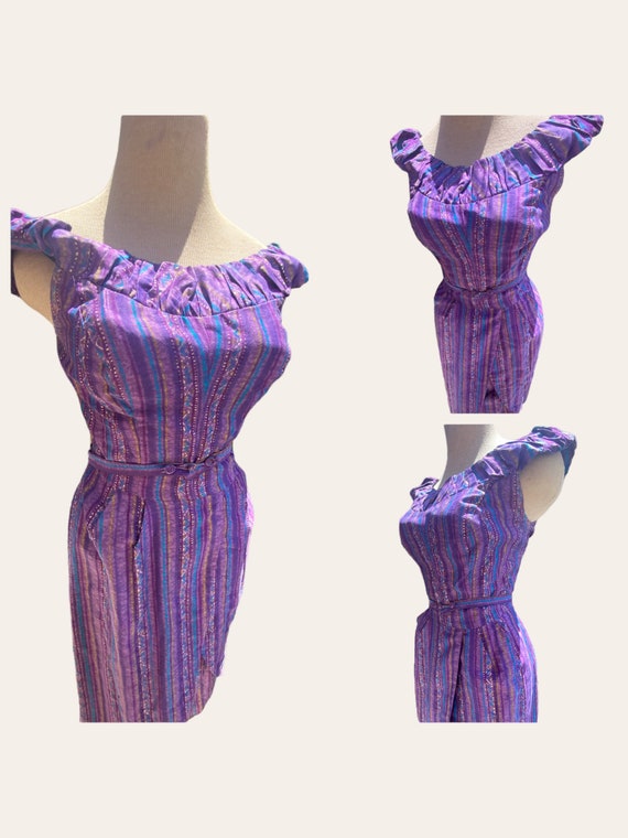 50s Hawaiian Purple Ruffle Off-the-shoulder by Na… - image 3